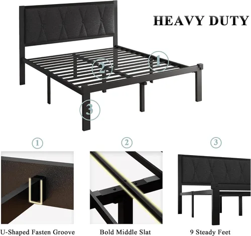 Miniatura 6 de Feonase Base de cama de metal de tamaño completo con cabecera capitoné con botones de tela, base de cama de plataforma con listones de metal