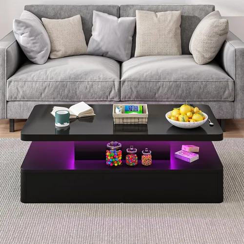 Miniatura 8 de Mesas modernas de sala de estar, mesa de centro LED con luces LED, mesa central rectangular de 2 niveles con gran almacenamiento, superficie de alto