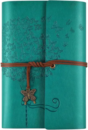 Diario de cuero OMEYA, cuaderno de escritura recargable, planificador de diario para mujeres y niñas (Azul, A6 18.5 cm x 13 cm)