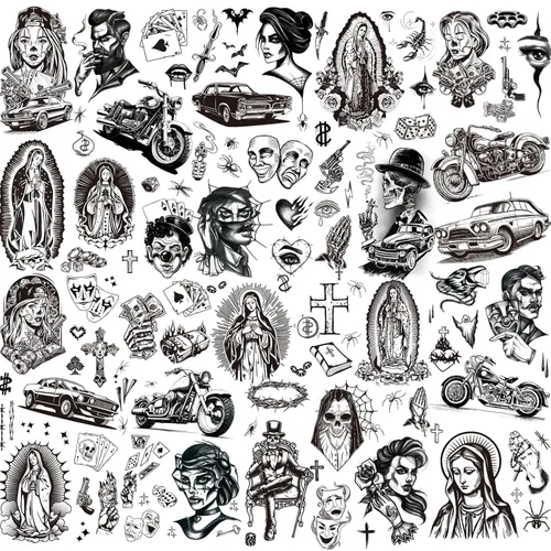12 Hojas de Tatuajes Temporales Chicanos Grandes, Tatuajes Temporales Cholo y Chola, Tatuajes Falsos de Gángster Chicana Guadalupe Día de los