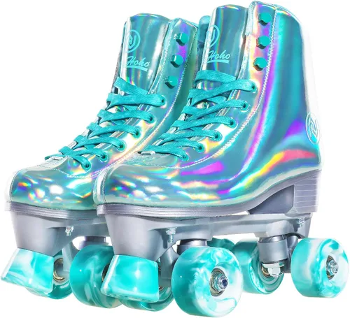 JajaHoho Patines roller para mujeres, patines holográficos, patines de cuatro ruedas de doble fila brillantes para niñas al aire libre (verde)