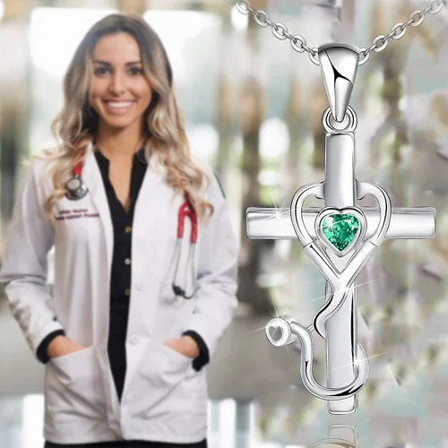 Miniatura 4 de Collar con colgante de estetoscopio con temática de medicina de plata de ley 925 para doctor o enfermera, regalo para graduación, estudiantes