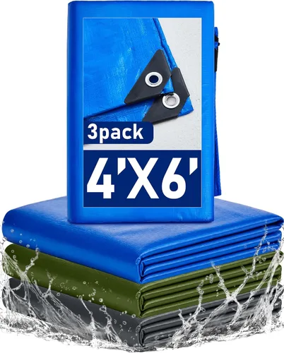 SmoothNovelty 3 piezas de lona impermeable grande de 4 x 6 pies, lona de polietileno resistente de 5.5 mil de grosor con ojales, cubierta protectora