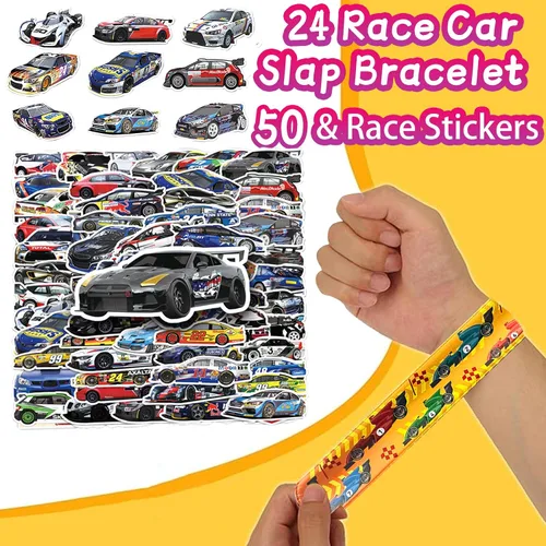 Miniatura 4 de CZWXOXO 74 piezas de artículos para fiesta temática de carreras, 24 piezas de pulseras slap, 50 piezas de calcomanías, decoraciones para fiesta