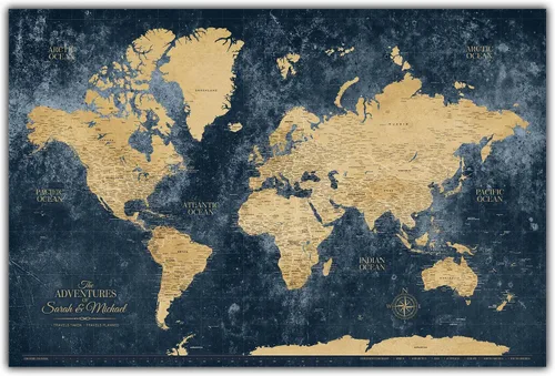 HolyCowCanvas Mapa de Viaje del Mundo Dorado y Azul Marino con Alfileres, Tablero de Mapa Mundial Personalizado con Alfileres para Rastrear Lugares