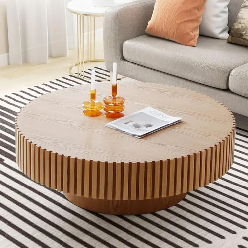 Miniatura 5 de KEVINSPACE Mesa de centro redonda de 35.43 pulgadas para sala de estar, pedestal de madera redonda, mesa de centro para sala, mesa de centro