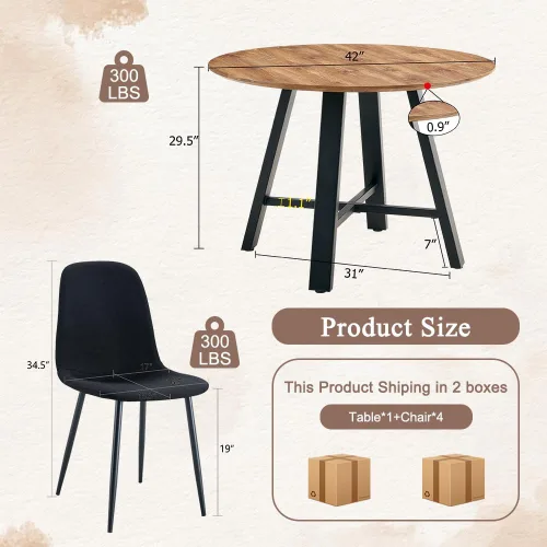 Miniatura 3 de Juego de 4 mesas de comedor redondas de 42 pulgadas para 4, sillas de mesa de cocina modernas, juego de 4 sillas tapizadas de madera con patas