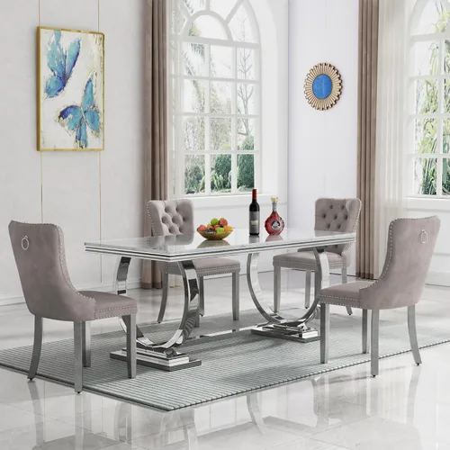 Miniatura 42 de HomVent Juego de mesa de comedor moderna de mármol sintético para 4 personas, mesa de cocina rectangular con 4 sillas beige (dorado)