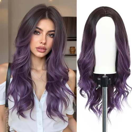 Miniatura 14 de Esmee Pelucas largas de color castaño rojizo ombré para mujer, peluca de cabello sintético ondulado y rizado natural para uso diario, fiestas