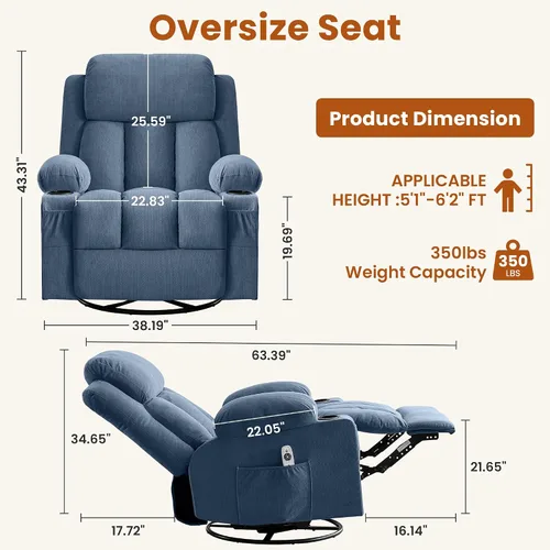 Miniatura 2 de Silla reclinable giratoria con masaje por vibración y calor, reclinable de 150° y balanceo suave, capacidad de 350 libras con bolsillo lateral