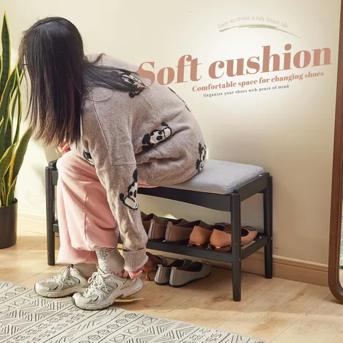 Miniatura 4 de STDDRE Banco para Zapatos de Entrada de Bambú de 2 Niveles Estante para Zapatos con Asiento Acolchado con Cojín, Organizador de Banco para Zapatos