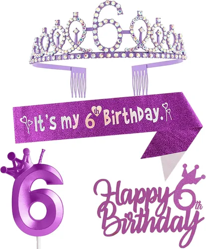 Miniatura 38 de Decoraciones de cumpleaños número 7 para niña, que incluyen corona/tiara de cumpleaños número 7, banda, adorno para pastel de cumpleaños y velas