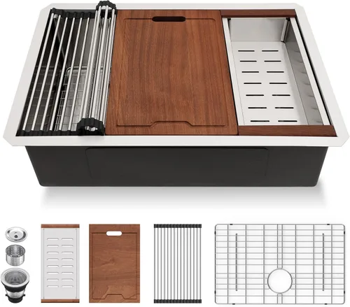 Miniatura 23 de Lordear Fregadero de cocina de montaje inferior de 23 pulgadas, estación de trabajo, fregadero de cocina de acero inoxidable calibre 16, cuenco