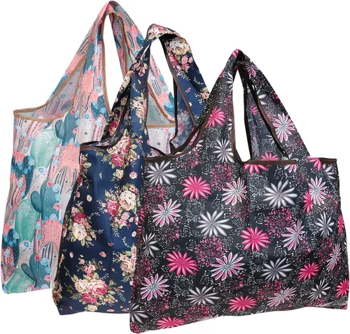 Miniatura 48 de alldyrew - Bolsa plegable para compras, reutilizable de nailon grande, 3 unidades Deliciosos alimentos