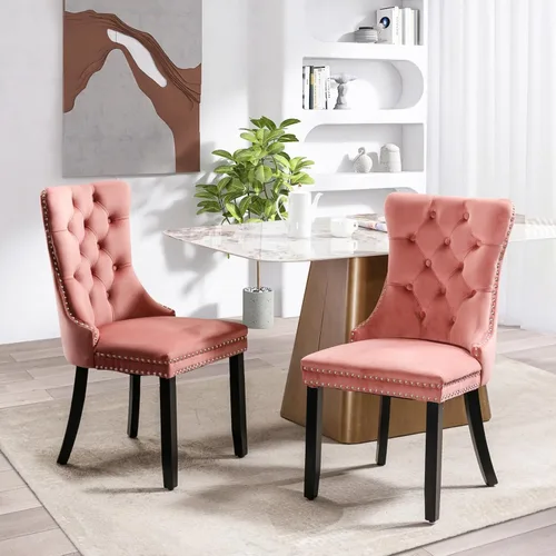 Miniatura 28 de SoarFlash Juego de 2 sillas de comedor de tela de lino, sillas de comedor tapizadas con ribete de cabeza de clavo y patas de madera de color claro