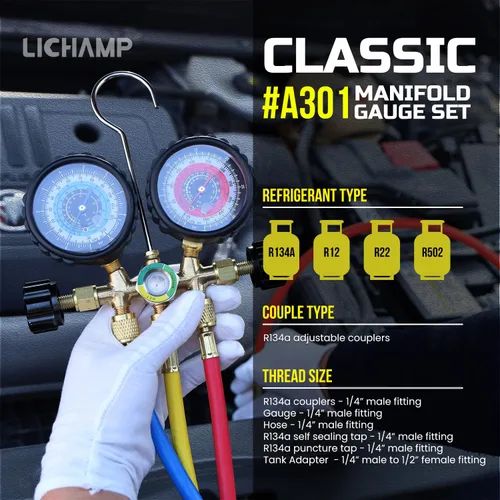 Miniatura 2 de Lichamp Calibradores de aire acondicionado R134a R22 R12 R502 Juego de medidor de colector de diagnóstico con manguera de 5 pies, acopladores