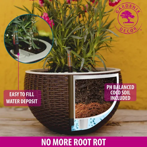 Miniatura 4 de GARDENIX DECOR Maceta colgante de riego automático, 11 pulgadas para interiores, marrón, fibra de coco con indicador de nivel de agua, redonda, 1