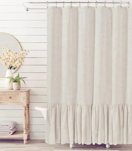 Miniatura 7 de Felisa Cortina de ducha extra larga de granja con dobladillo con volantes, cortina de ducha de mezcla de lino para baño, 72 x 84 pulgadas, blanca