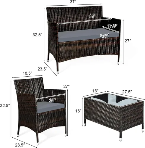 Miniatura 2 de HAPPYGRILL Juego de sofá de patio de 4 piezas, muebles de mimbre de ratán, juego de conversación con sofá acolchado y mesa auxiliar para patio al