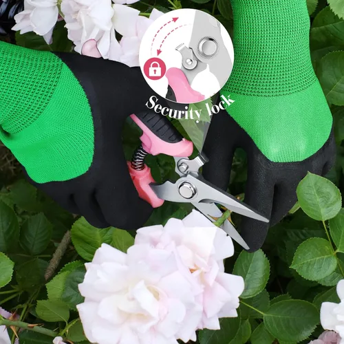 Miniatura 3 de 4 paquetes de tijeras de podar para jardín, con cuchillas de acero inoxidable, tijeras manuales de podar con guantes de jardinería (Rosa)