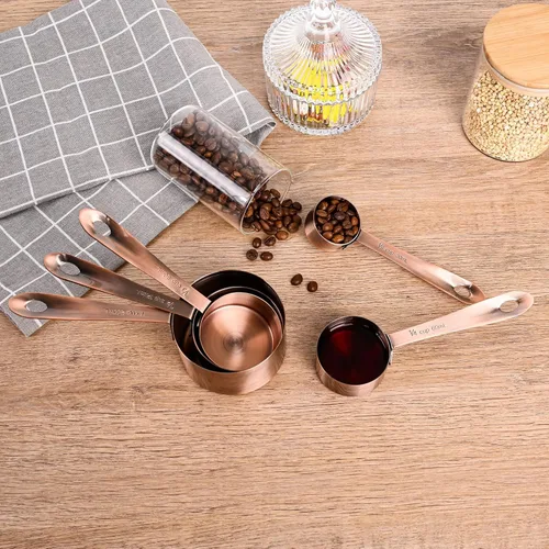 Miniatura 8 de Juego de tazas y cucharas medidoras, juego de tazas y cucharas medidoras de cobre para cocina y hornear, acero inoxidable, 5 tazas y 6 cucharas