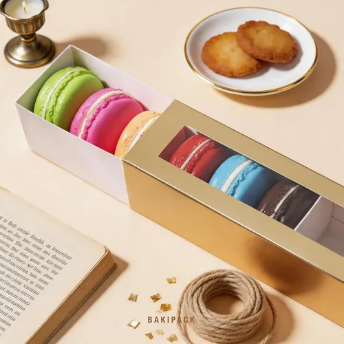 Miniatura 2 de 25 cajas de macarrones para 6 macarrones, cajas de macarrones dorados con medida interior, 7.3 x 1.9 x 1.9 pulgadas, cajas de regalo de macarons