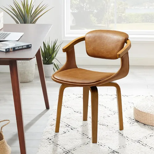 Miniatura 10 de Art Leon Silla de escritorio sin ruedas, silla giratoria moderna de mediados de siglo, silla de escritorio de piel sintética para espacios pequeños