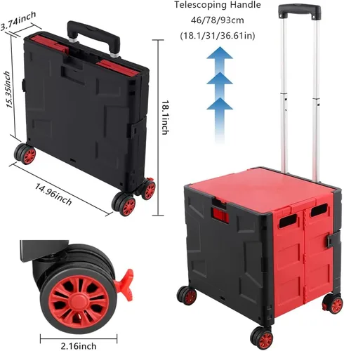 Miniatura 8 de Carrito de Compras Utilitario Plegable Portátil Rodante Caja con Carretilla de Mano con Rueda Giratoria de 360°, Tapa Oculta, Mango Telescópico Rojo