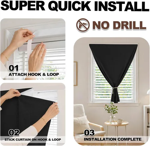 Miniatura 2 de Jilron Cortina de puerta francesa 100% opaca, adhesiva, no requiere taladrar, cortinas pequeñas diseñadas para su instalación en puertas
