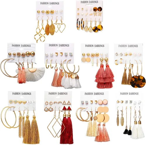 637593 Pairs Fashion Earrings with Tassel Earrings Layered Ball Dangle Hoop Stud Jacket Earrings for Women Girls Jewelry Fashion and Valentine