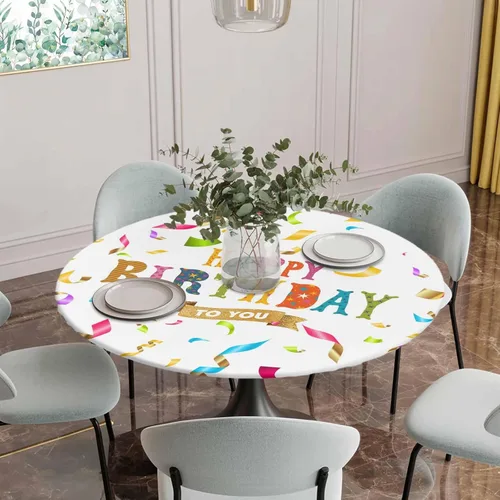 Miniatura 4 de Mantel redondo ajustable de feliz cumpleaños, con diseño de rayas de colores, diseño de lunares, elástico, impermeable, para interiores