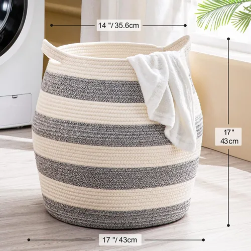 Miniatura 7 de KAKAMAY Cestas Tejidas para Almacenamiento (17"x17"), Cesta Grande de Cuerda de Algodón Tejida, Canasta de Ropa para Bebé, Cesta de Ropa Plegable
