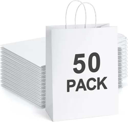 BagDream Bolsas de regalo blancas de 10 x 5 x 13 pulgadas, 50 bolsas grandes de papel kraft con asas a granel para compras, mercancía, venta al por