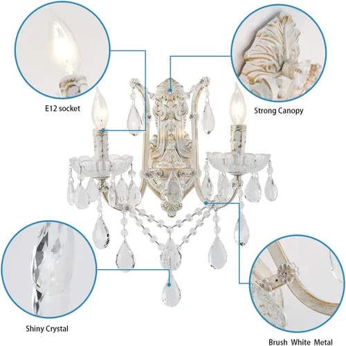 Miniatura 7 de YLONG-ZS Aplique de pared de cristal de campo francés, 2 luces envejecidas estilo vela de oro blanco con cristales de lágrima, decoración