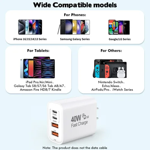 Miniatura 3 de Bloque de cargador de 40 W para iPhone 16 y 15, paquete de 2 cubos de carga rápida, 4 puertos USB tipo C de carga de pared PD&QC, adaptador de Apple