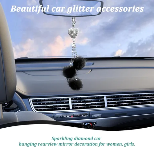 Miniatura 4 de Ziciner Accesorios de Interior de Coche con Diamantes Brillantes en Forma de Corazón - Adorno Colgante de Corazón y Bola de Felpa Rosa, Encanto