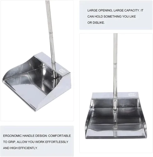 Miniatura 5 de Sartén para polvo de mango largo – Recogedor de acero inoxidable resistente – Diseño de pie – Herramienta limpia para el hogar, vestíbulo/tienda, A