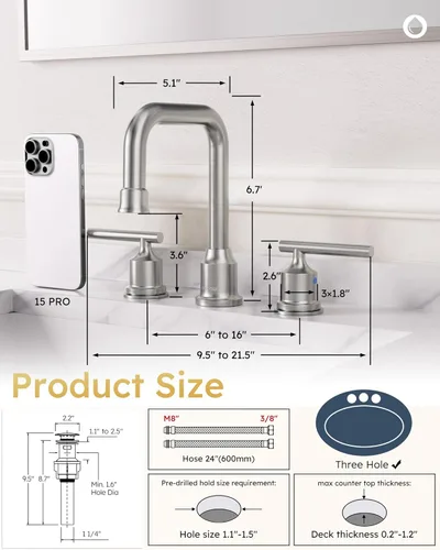 Miniatura 7 de WOWOW - Grifo de baño de alto arco de 8 pulgadas con dos llaves, diseño estándar, níquel cepillado, grifo de lavabo de 3 orificios, grifo giratorio