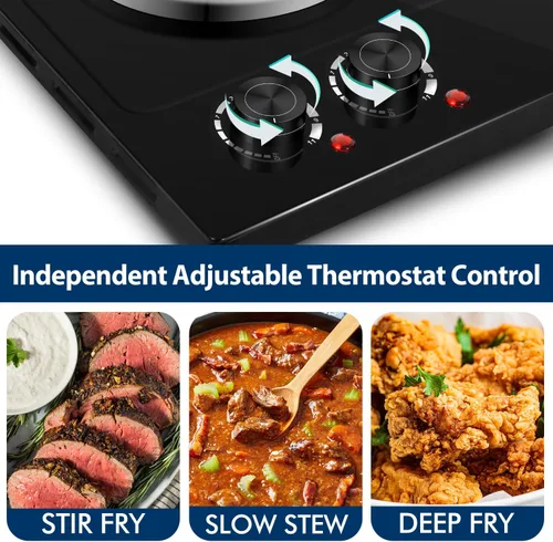 Miniatura 4 de CUSIMAX Placa caliente eléctrica de 1800 W, quemador doble de encimera para cocinar, quemador eléctrico portátil con control de temperatura Negro