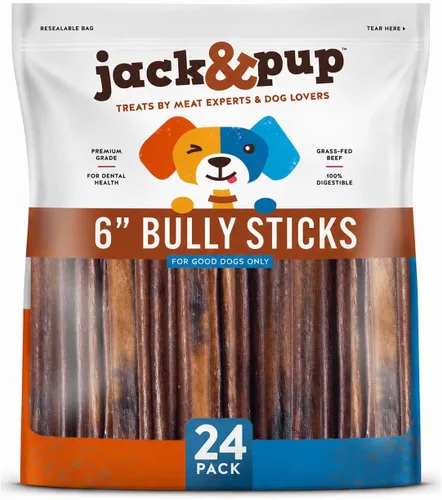 Miniatura 12 de Jack&Pup Bully Sticks Jumbo de 6 pulgadas para perros (paquete de 12) Palitos de perro de un solo ingrediente para perros grandes y masticadores