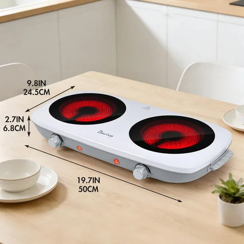 Miniatura 3 de Davivy Placa eléctrica de doble quemador, estufa eléctrica portátil de 1800 W (2 x 900 W), placa de cocina de 2 quemadores con vidrio de cerámica