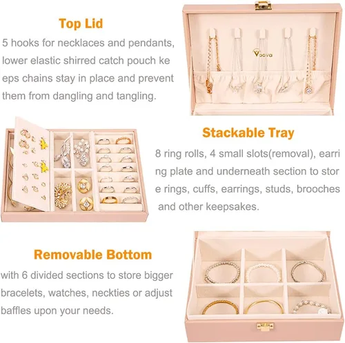 Miniatura 2 de Voova - Joyero organizador para mujeres y niñas, 2 capas de almacenamiento de joyas grandes para hombres, soporte para joyas de piel sintética