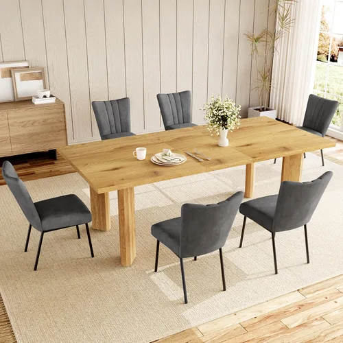 Miniatura 10 de HIPIHOM Mesa de comedor extensible para 6-8 personas, mesa de cocina rectangular de MDF de 63 a 78.7 pulgadas, estilo rústico de granja, diseño que