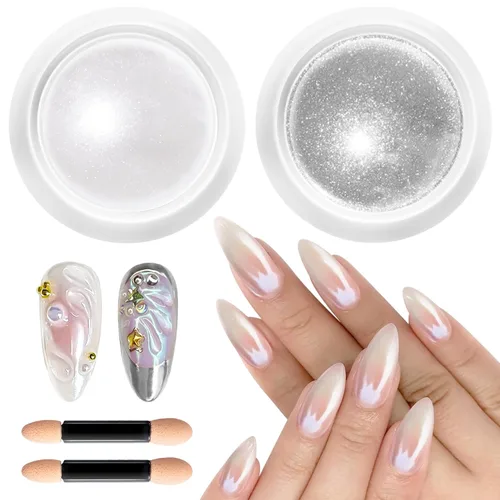 Miniatura 17 de Polvo de uñas cromado y perla, efecto de hadas, polvo de uñas rosa cromado, blanco, perlado aurora, sirena, iridiscente, cromo, polvo, espejo Polvo