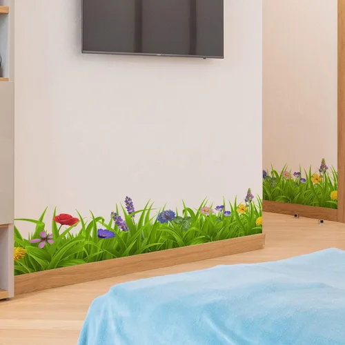 Miniatura 7 de Calcomanías de pared con borde de flores coloridas de hierba verde primaveral, despegar y pegar, para aniversario, día de la madre, cocina, sala