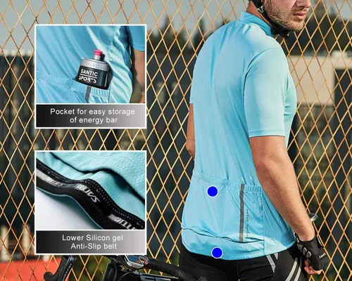 Miniatura 5 de Santic Camiseta de ciclismo para hombre, manga corta, con 3 bolsillos traseros, media cremallera, transpirable, absorbe la humedad, secado rápido