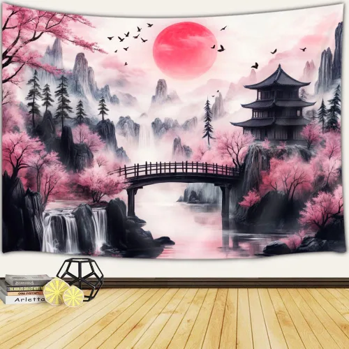 Miniatura 2 de Viajar Japanese Cherry Blossom Tapestry, Pink Sakura Landscape Wall Hanging with Red Moon Pagoda Bridge Waterfall, Asian Aesthetic Wall Decor for
