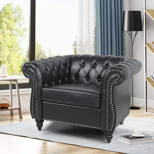 Miniatura 3 de LEVNARY Sillón Tapizado en Cuero, Silla Sofá Individual Estilo Mediados de Siglo Moderno con Brazos Curvos y Tachuelas, Silla Chesterfield de Cuero