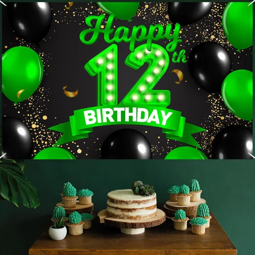 Miniatura 7 de Cartel de feliz cumpleaños número 12, color verde y negro, telón de fondo con texto en inglés "Cheers to 12 years old confeti", globos de confeti