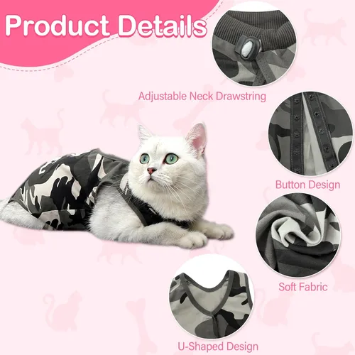 Miniatura 4 de Traje de recuperación para gatos para heridas abdominales o enfermedades de la piel, mono para gatitas después de la cirugía, collar isabelino